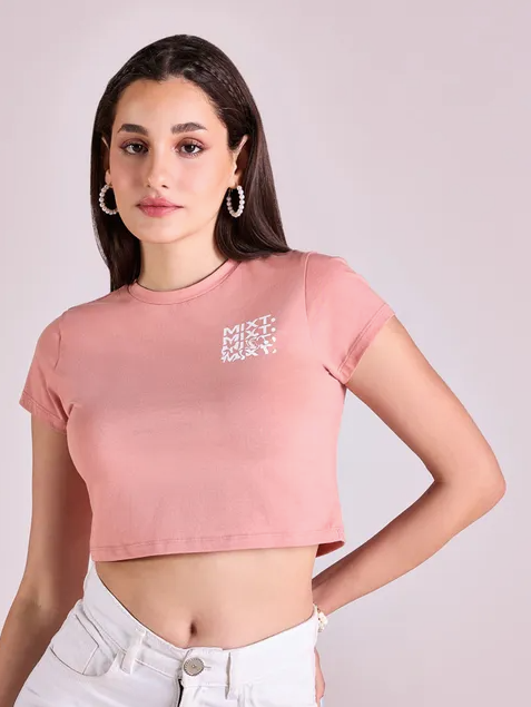Pink Round Neck Printed T-shirt (M)